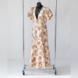 Abercrombie white print puff sleeve slim poplin midi dress, size M